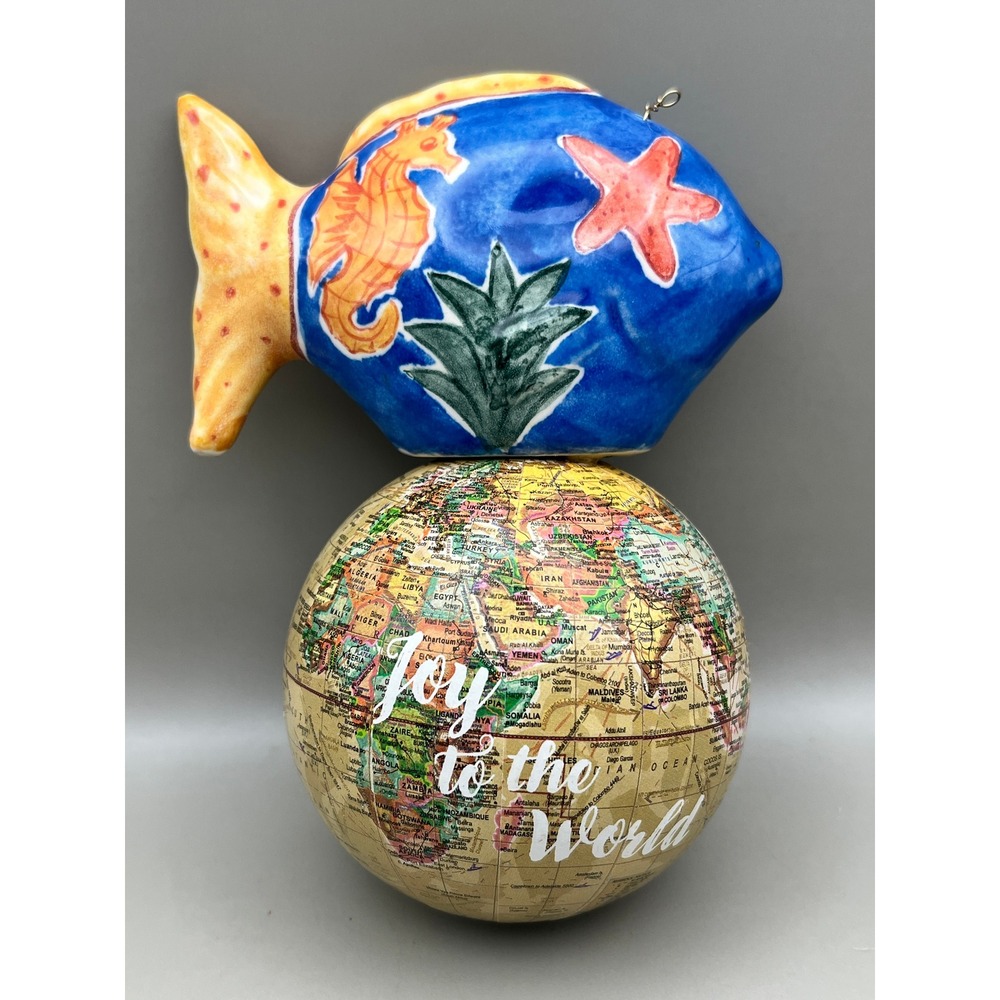 Joy to the World Globe‎ Hand Painted Ceramic Fish Nautical Ornament Decor Unique